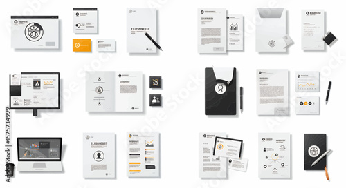 A comprehensive collection of corporate branding identity elements featuring a cohesive design system with a sleek modern aesthetic across various stationery items.