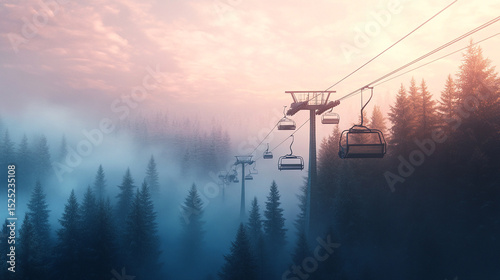 Hyper realistic 3D render of a ski lift cutting through fog above a pine forest 