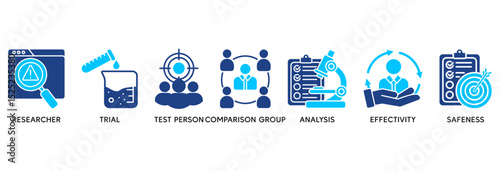 Clinical study icon set vector illustration concept relate to clinical trial research with an icon of researcher, trial, test person, comparison group, analysis, effectivity, and safeness
