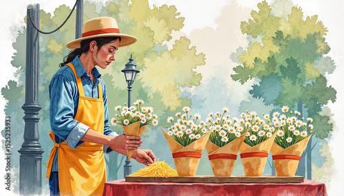 Street vendor selling chamomile bundles in paper cones outdoors  for urban folk culture blogs
