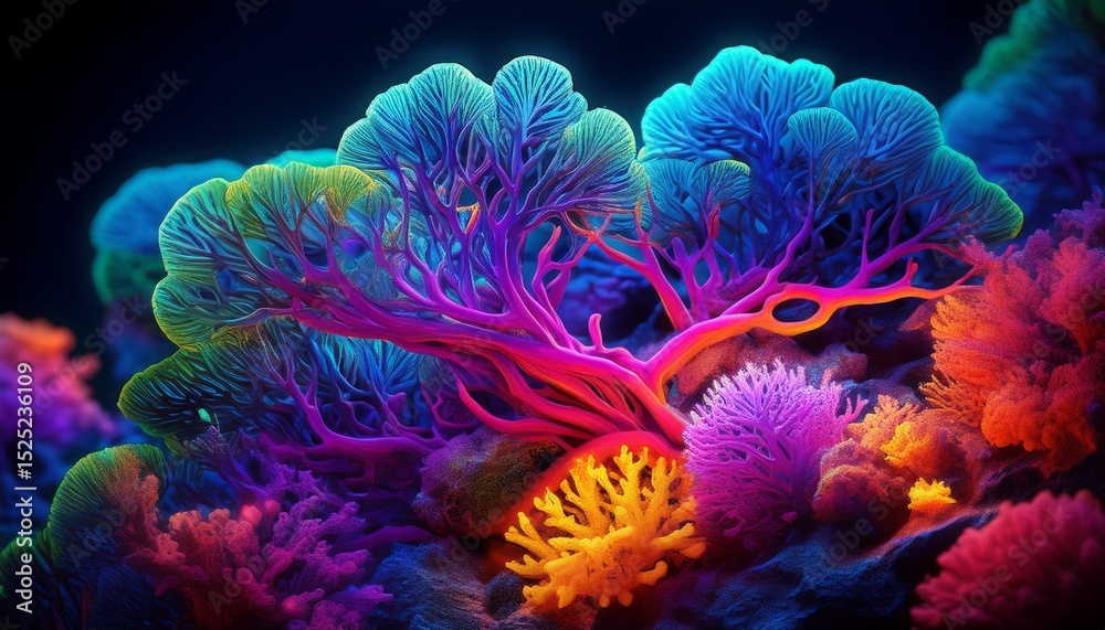 Obraz premium microscopic view revealing colorful coral structures illuminated by fluorescent light