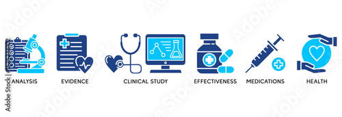 Clinical research icon set vector illustration concept relate to analysis, evidence, clinical study, effectiveness, medications and health