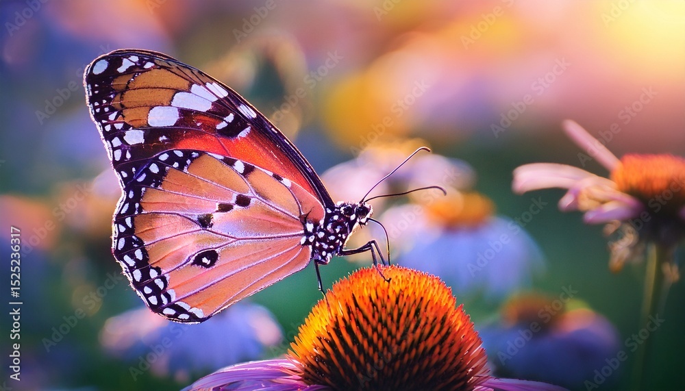 Naklejka premium amazing multicolored butterfly sits on a flower butterfly on a flower closeup for a greeting card springtime blooming and pollination in nature with insect life