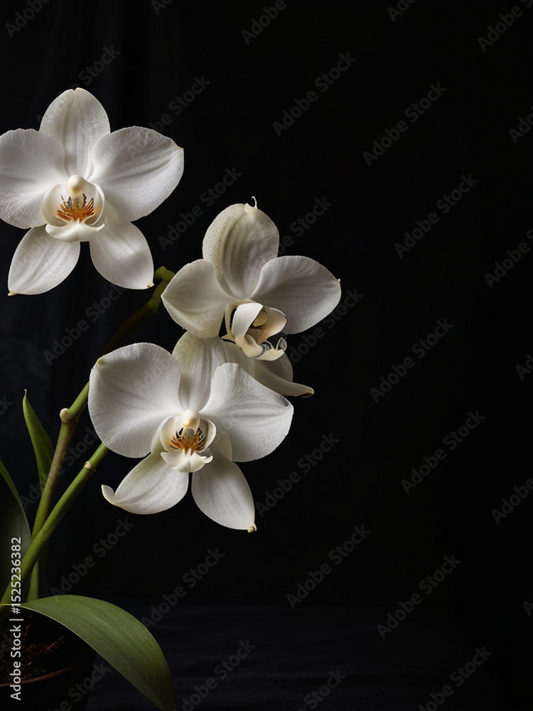 Fototapeta premium Elegant White Orchid in Dramatic Lighting Against Black Background – Minimalist Fine-Art Floral Portrait