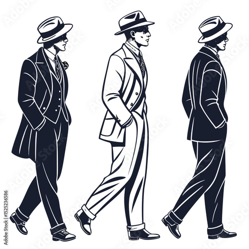 Three Men in Vintage Fashion Wearing Fedoras and Suits Walking with Confidence