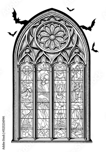 Gothic style stained glass window design, detailed illustration, with bats.