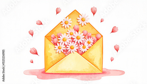Envelope with chamomile petals falling out in watercolor style love letter theme watercolor for romance stories