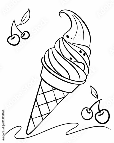 Vector illustration, outline, soft serve ice cream, iconic swirl, simple, isolated.