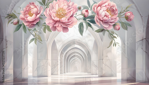 3D Wallpaper with Pink Peonies and Arched Hallway. 3D Wall Mural Design. 3D Perspective Corridor with Pink Peony Flowers. Romantic Floral 3D Illustration – Pink Peonies in White Arches