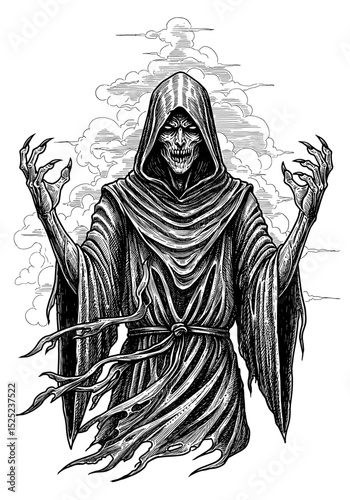 Grim reaper figure with skeletal face, draped in a hooded robe, reaching out against a cloudy background.