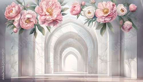 3D Wallpaper with Pink Peonies and Arched Hallway. 3D Wall Mural Design. 3D Perspective Corridor with Pink Peony Flowers. Romantic Floral 3D Illustration – Pink Peonies in White Arches