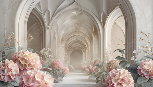 3D Wallpaper with Pink Hydrangeas and Arched Hallway. Lavish Architectural Corridor Framed By Vibrant Pink Hydrangeas. Romantic Floral 3D Illustration