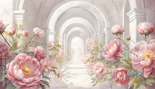 3D Wallpaper with Pink Peonies and Arched Hallway. 3D Wall Mural Design. 3D Perspective Corridor with Pink Peony Flowers. Romantic Floral 3D Illustration – Pink Peonies in White Arches