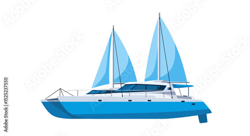 Sleek blue catamaran yacht with raised sails, ready for sailing.