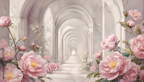 3D Wallpaper with Pink Peonies and Arched Hallway. 3D Wall Mural Design. 3D Perspective Corridor with Pink Peony Flowers. Romantic Floral 3D Illustration – Pink Peonies in White Arches