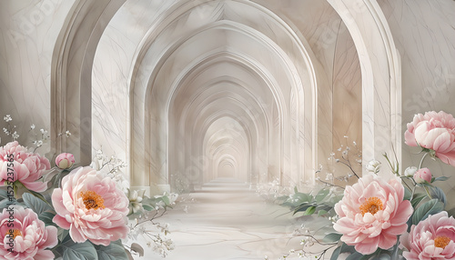 3D Wallpaper with Pink Peonies and Arched Hallway. 3D Wall Mural Design. 3D Perspective Corridor with Pink Peony Flowers. Romantic Floral 3D Illustration – Pink Peonies in White Arches