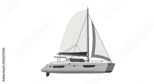 A catamaran sailboat with white sails, rendered against a plain white background.