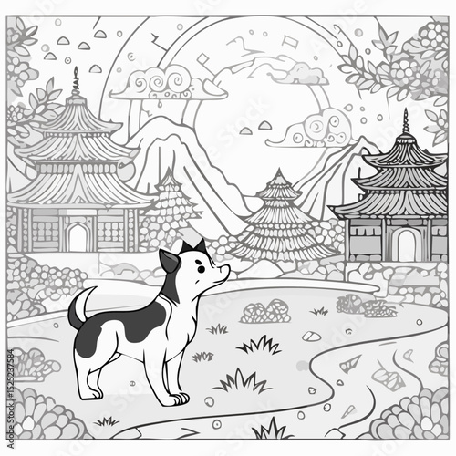 An adorable black and white dog standing in a serene Asian landscape with pagodas, trees, and a serene moonlit background, perfect for coloring