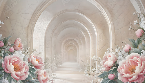 3D Wallpaper with Pink Peonies and Arched Hallway. 3D Wall Mural Design. 3D Perspective Corridor with Pink Peony Flowers. Romantic Floral 3D Illustration – Pink Peonies in White Arches