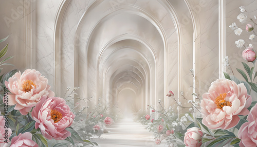 3D Wallpaper with Pink Peonies and Arched Hallway. 3D Wall Mural Design. 3D Perspective Corridor with Pink Peony Flowers. Romantic Floral 3D Illustration – Pink Peonies in White Arches