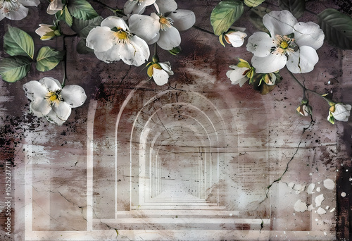 3D Wallpaper Beautiful Spring Floral on Abstract Arched Background. Macro Branch of Blossoming Apple Tree on 3D Corridor Wall. Close-up of Apple Tree Flowers on Elegant 3D Arched Background