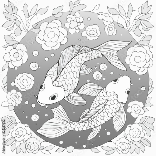 An elegant line art illustration showcases two koi fish gracefully swimming amidst flowers and bubbles in a serene, circular composition.