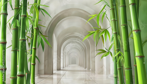 3D Wallpaper Bamboo and Grand Arched Corridor. Zen-Inspired Bamboo and Elegant Arched Hallway – 3D Wallpaper Design. 3D Mural with Bamboo Plants and Classical Arches