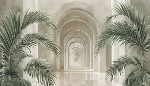 Tropical Palm Leaves on a Beige Stone Corridor. Tropical Greenery and Beige Stone Arched Corridor – 3D Wallpaper. 3D Corridor with Tropical Palm Leaf Decoration