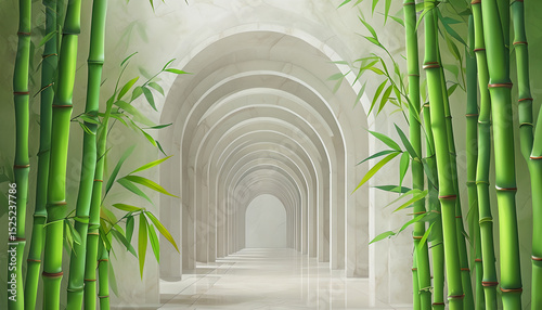 3D Wallpaper Bamboo and Grand Arched Corridor. Zen-Inspired Bamboo and Elegant Arched Hallway – 3D Wallpaper Design. 3D Mural with Bamboo Plants and Classical Arches