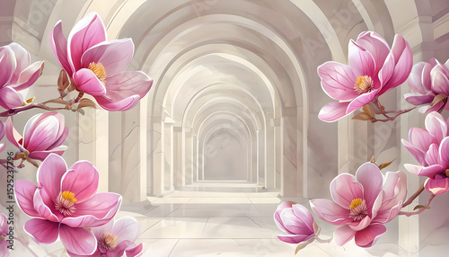 3D Wallpaper with Pink Blossoms Magnolia and Architectural Corridor. Floral 3D Illustration – Pink Magnolia in Soft Beige Arches. 3D Wallpaper Design, Arched Beige  Hallway, 3D Wall Mural Design