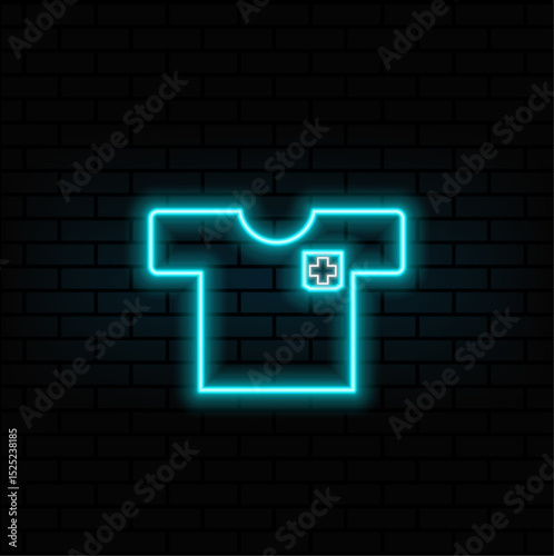neon style.Medical dress icon for doctors and rescuers and patients. Short sleeve, pockets. Vector thin line linear illustration. Editable outline for web, UI