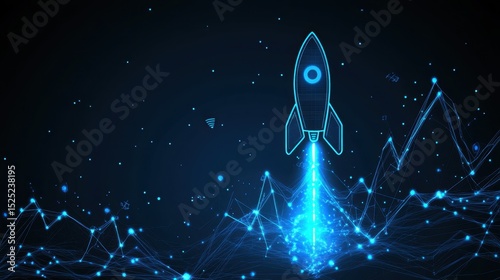 Minimal rocket drawing lifting off with a digital upward arrow and glowing financial chart on black background