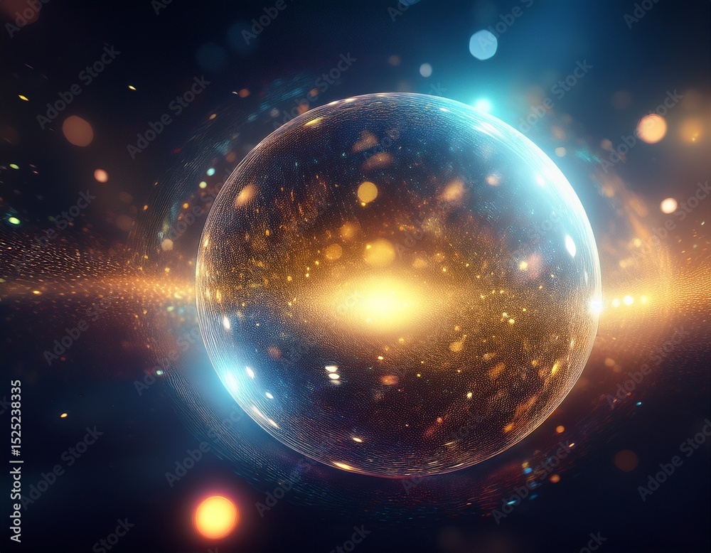 Fototapeta premium a blurry image of a glowing sphere in space the sphere is surrounded by a lot of stars and space dust the image has a dreamy ethereal quality to it as if it were taken from a distant planet