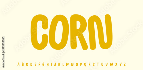 Summer food lettering, Corn cartoon joyful alphabet, rounded playful font for bright kid fresh product headline, friendly logo. Childish typographic design. Packaging typography. Vector typeset