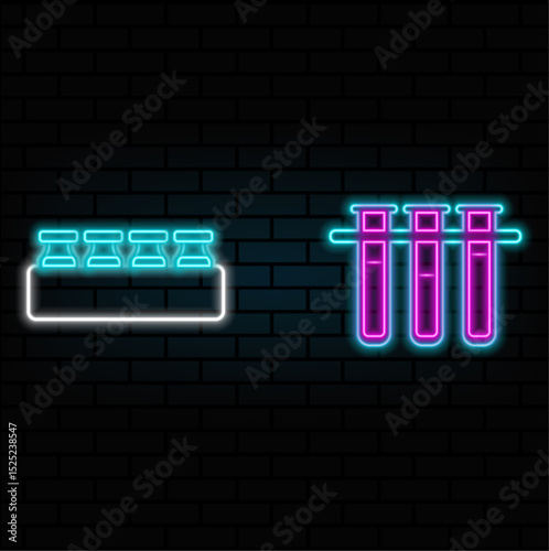 neon style.chemical test tube chemical reaction.Scientific rack with test tubes and chemical liquid. neon.laboratory glassware icon.