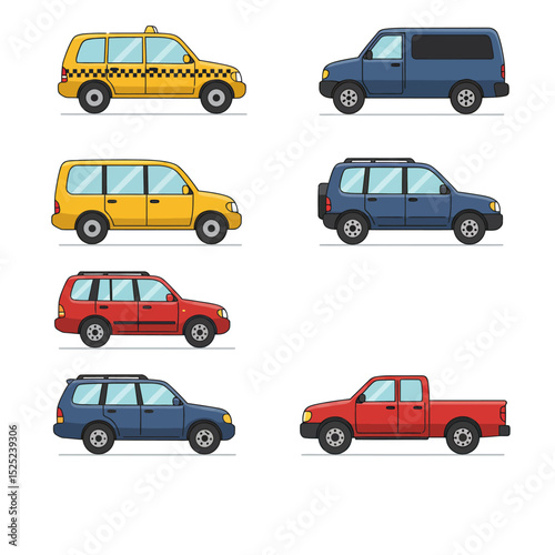 Set of cars top view. Icons or stickers with city vehicle for driving. Illustrations with automobile for transportation.  Cartoon flat vector collection isolated on white background