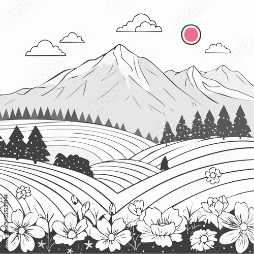 Black and white illustration depicting a serene landscape with mountains, rolling hills, trees, flowers, clouds, and a pink sun, offering a tranquil scenic view.