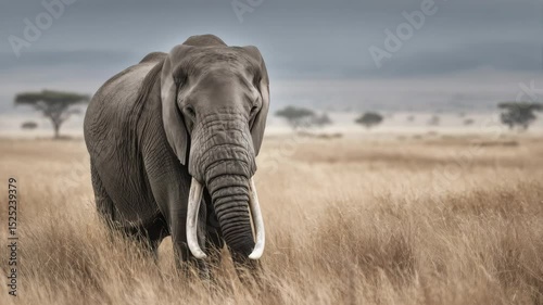 Large elephant tusker in dry grassland landscape
