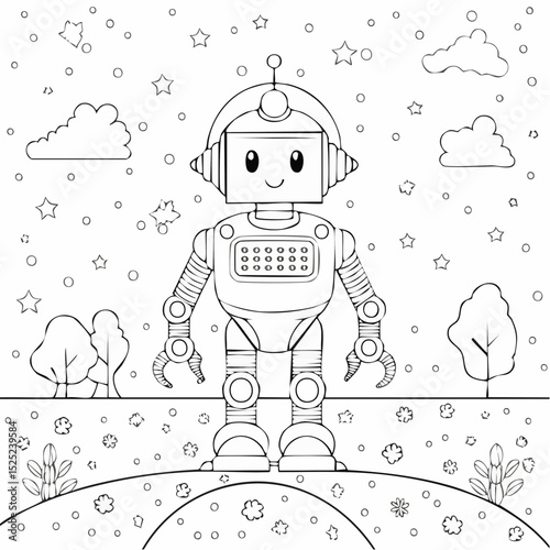 Charming black and white illustration of a friendly robot standing in a whimsical landscape with clouds, stars, and floral elements for coloring.