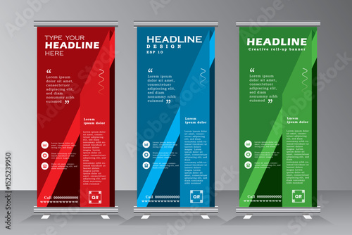 Business roll up banner design for events, annual meetings, presentations, marketing, promotions, red, blue and green print ready colors