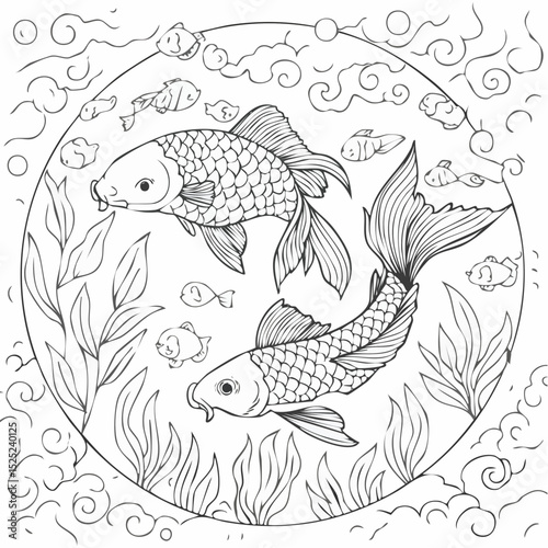 Detailed black and white line art illustration of two koi fish swimming in a circular pond with aquatic plants and small fish, a coloring page design
