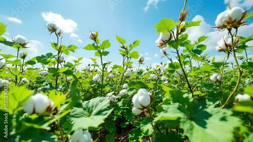 Flourishing cotton plants in a lush green field under a bright blue sky