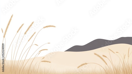 Minimalist landscape illustration featuring tan grasses in the foreground and muted grey-blue mountains in the background against a white sky