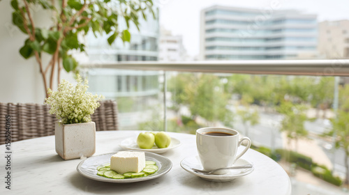 Wallpaper Mural serene balcony breakfast scene overlooking city featuring soft cheese and fresh cucumbers on plate Torontodigital.ca