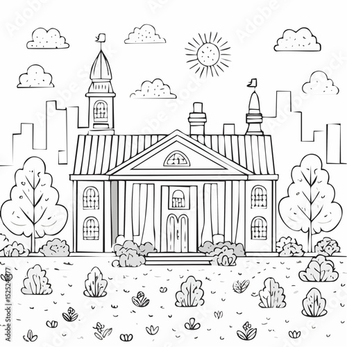 Detailed line art illustration of a grand building with classical architectural elements, set in a garden with trees, bushes, and a sunny sky, evoking a sense of tranquility.