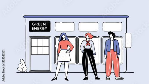 Group of three diverse individuals standing confidently in front of a green energy store, showcasing modern fashion and promoting sustainability in an urban environment