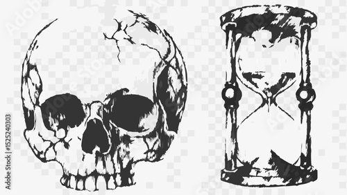 Skull with cracks and an hourglass illustration in black and white detailed drawing style image