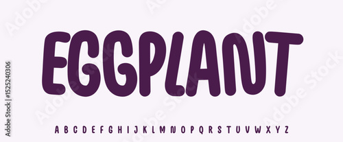 Summer vegetable lettering, Eggplant joyful title, rounded playful font for bright kid fresh product headline, friendly logo. Childish typographic design. Packaging typography. Vector typeset