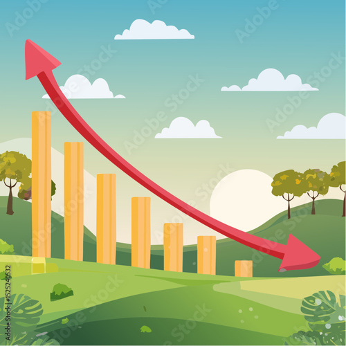Illustration of a financial graph showing a downward trend with a red arrow over a green landscape and trees under a blue sky