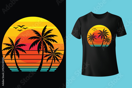 Summer Coastline T-Shirt Art – Minimalist Beach Line Drawing, Beach Bum Lifestyle T-Shirt – Chill Island Vibes and Surfboard, Escape to the Beach Shirt Design – Sunset View and Palm Trees.